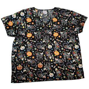 Luv Scrubs Women's Halloween Cartoon Print V-Neck Scrub Shirt Top Plus Size 2X